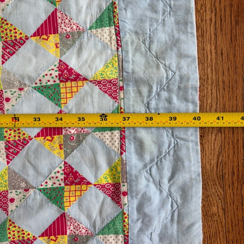 Vintage Handmade Patchwork Baby Quilt Blue Red Yellow Triangle Antique 53x41